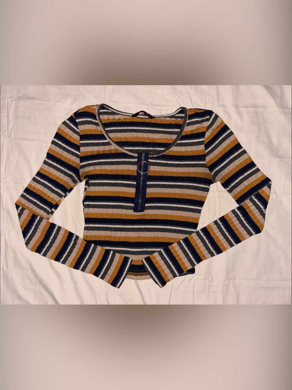 Striped Scoop-Neck Crop Top with Front Zip in Mustard, Navy & Gray